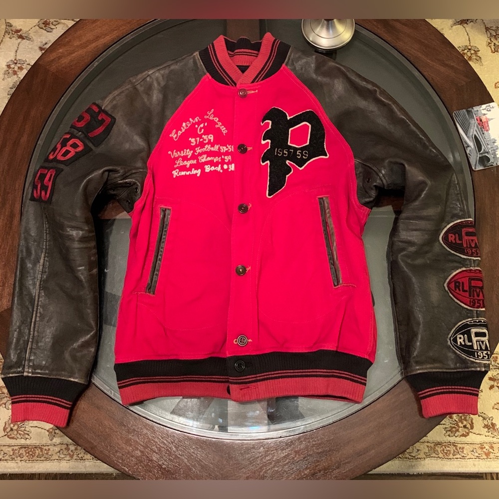 Ralph Lauren “Thompson” Size Medium Varsity 100% Leather Jacket  Red & Charcoal